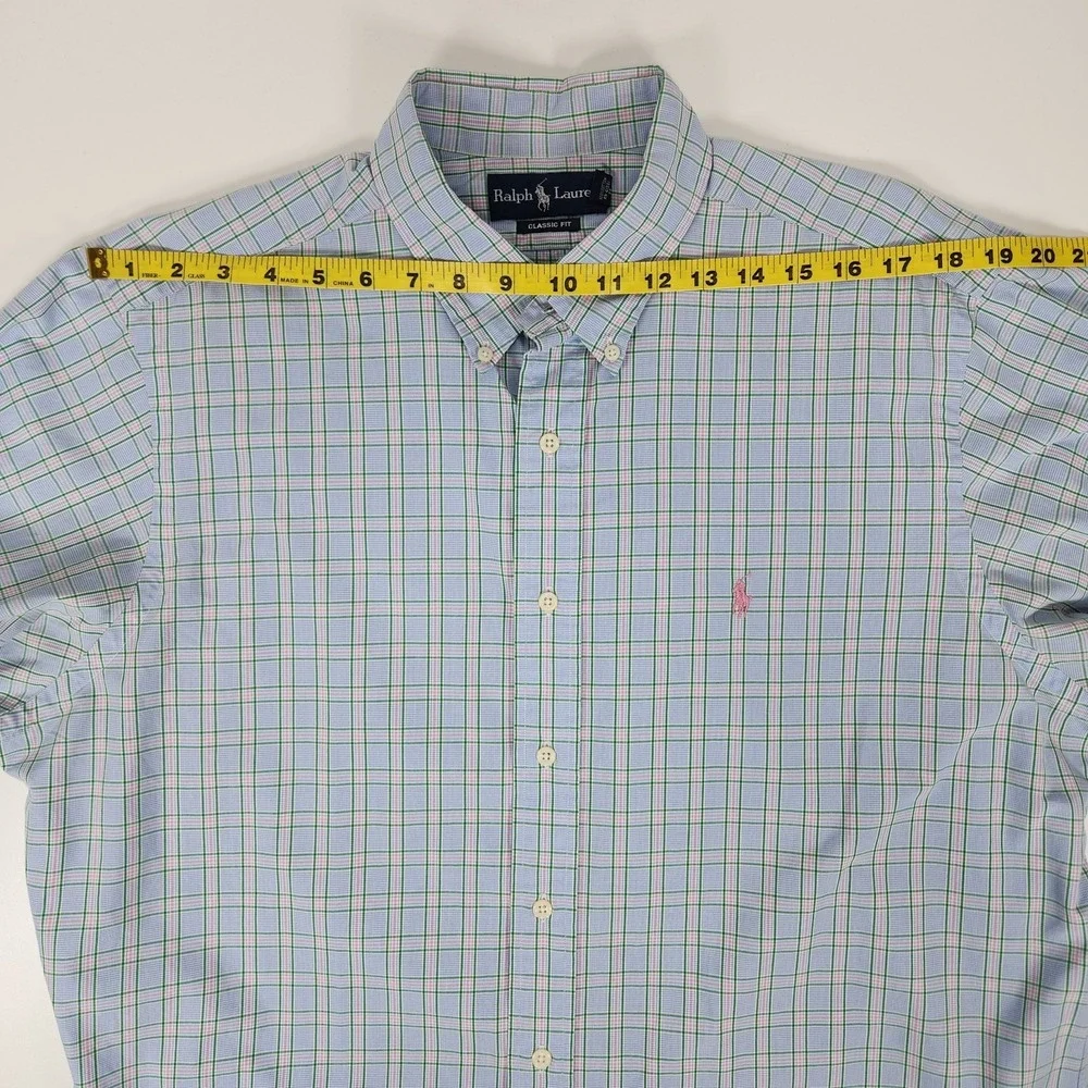 Ralph Lauren Polo Shirt Mens 17 - 32/33 Classic Fit Blue Green PInk‎ Pony Check